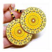 Sunny rosette Earrings Mandala Round  - Summer Yellow  - decoupage earrings - double faced 