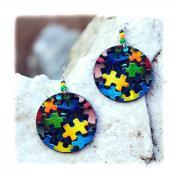 Clolorful Puzzle decoupage earrings - yellow navy blue green pink - double faced