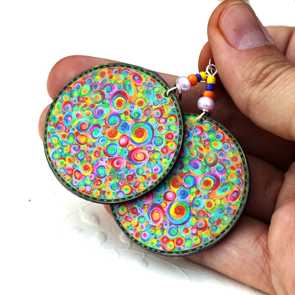 Bubble Gum Earrings Colorful Swirls - Decoupage - Colorful Rainbow Colors - Double Faced