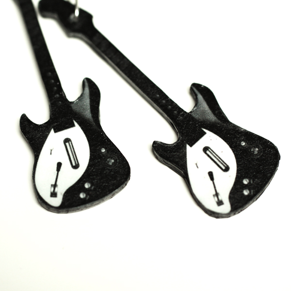 Guitar Earrings, Long Dangle - Decoupage Earrings - Black & White - Double Faced