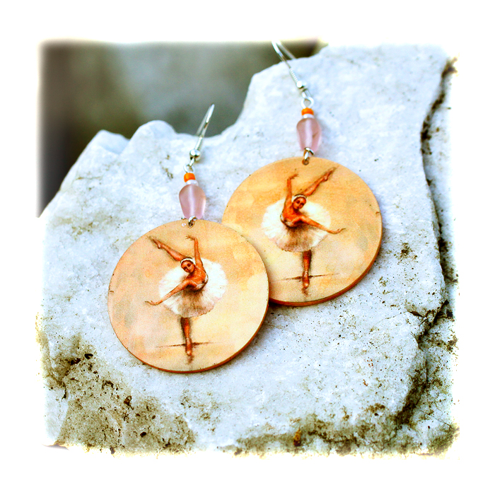 Ballerina Decoupage Earrings - Peach And Pink Pastel Colors - Double Faced