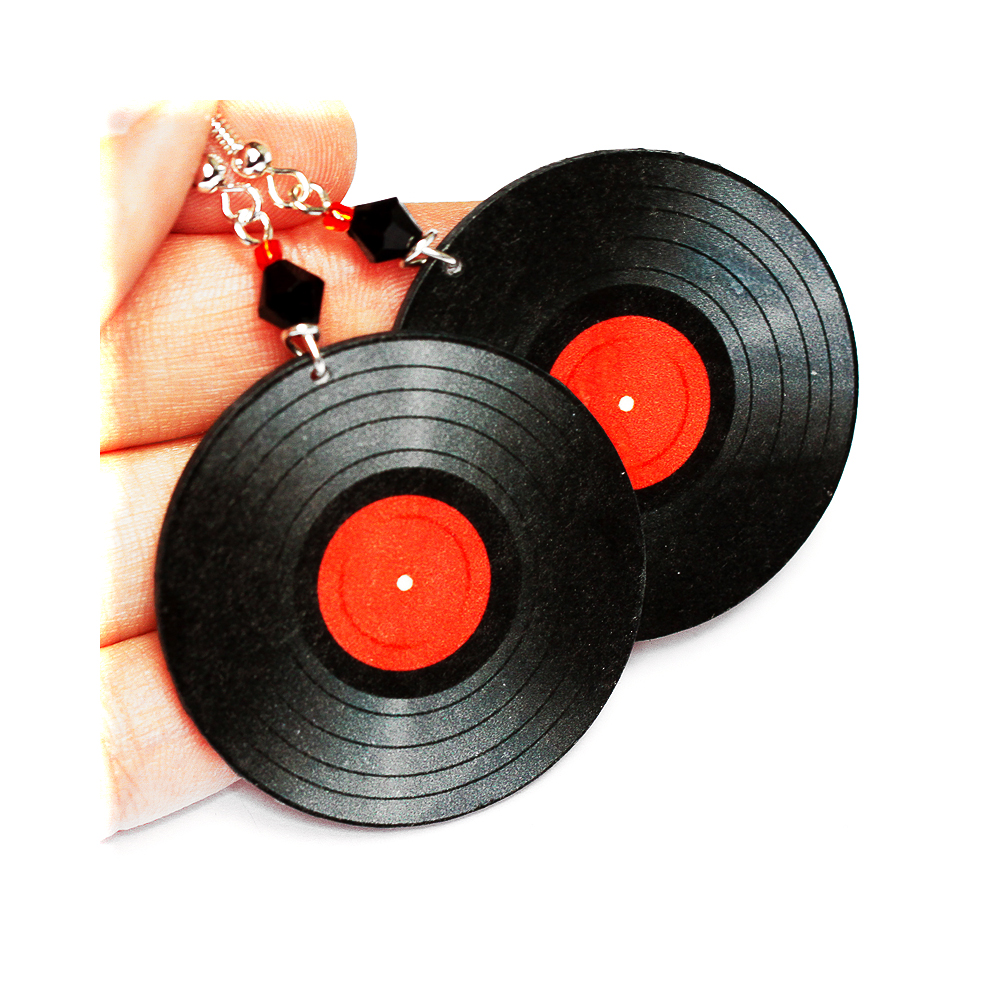 Vinyl Records - Decoupage Retro Earrings - Black And Red - Double Faced